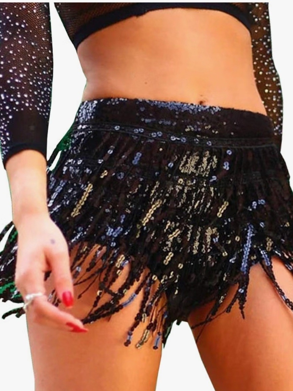 Black Sequin Fringe Mini Skirt — High-Waist Party Skirt